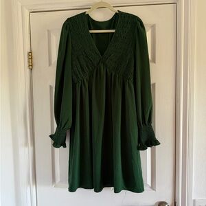 Boho Forest Green V-Neck Smocked Long-Sleeve Dress